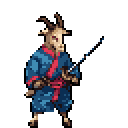 Bipedal goat character in a blue Japanese-style robe with a red sash, holding a shimmering sword.