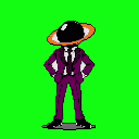 Humanoid figure with a Saturn-like celestial body for a head, wearing a purple suit and standing with hands on hips against a solid green background.