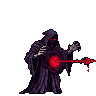 Cloaked figure with glowing red eyes conjures a blood-red magic arrow, dark energy trails behind.