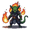 Fearsome green creature wreathed in flames, with reptilian eyes glowing, wearing dark armor, and preparing to cast a fire spell.