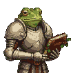 A frog in plate armor opens a weathered book.