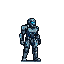 Stoic futuristic soldier in segmented metallic armor, raising a glowing energy weapon, then shifting to a defensive stance.