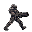 Heavily armored futuristic soldier in mid-stride, facing right and holding a large firearm.