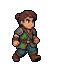 Young male adventurer in green tunic, blue trousers, brown boots, and leather bracers, with brown hair in a ponytail, walking forward.