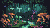 A mystical forest with glowing plants and shimmering sprites, illuminated by a central winding stream.