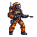 Soldier in orange hazmat suit running right, aiming a rifle.