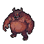 A reddish-brown, hulking monster with a bulbous belly and small horns walks forward menacingly.