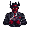 Pinstripe-suited devil with a fedora and glowing yellow eyes grins while performing a card trick.
