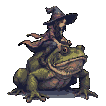Pixel Art: witch is sitting on gigantic frog, idle animation