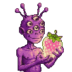 A multi-eyed alien with a gentle smile offers a glowing, oversized strawberry that levitates and rotates above its cupped hands.