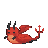 A small, plump, vibrant red devilish slug with stubby horns and a forked tail slithers with an undulating motion on a dark, pixelated background.