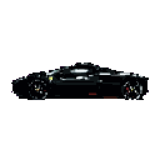 This pixel art showcases a stylish black sports car, its sleek design popping against a vibrant magenta backdrop. The image blends modern aesthetics with retro pixel art charm.