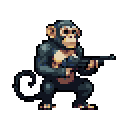 A pixelated chimpanzee crouches with focused intensity, gripping a submachine gun and ready for action. The retro-style art gives this unexpected image a nostalgic, game-like feel.