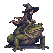 A cloaked witch with a pointed hat sits on a large, moss-green frog.