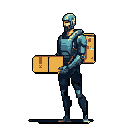 Stylized futuristic robot with metallic blue-gray and black body, holding a box forward and carrying another on its back. Dark visor with yellow eyes.