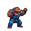 Anthropomorphic bear in a blue gi with red accents performing a punching combo.