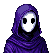 A stationary, hooded figure with a stark white face and two solid black, square eyes, wearing a deep purple robe.