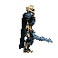 Skeletal warrior in dark armor and cape, facing right, holding a jagged bladed weapon downwards.
