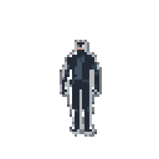 A solitary humanoid figure, rendered in shades of gray and dark blue, stands centrally against a dark blue-gray background.