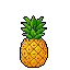 Pixel art of a pineapple, halved papaya, bananas, coconut, and mango.