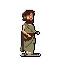 A pixelated male figure in profile faces right, wearing simple olive green robes and a light brown headwrap. He has short dark brown hair and a full dark brown beard extending to his chest. His left leg is forward, and his right arm is bent. He stands against a solid burnt orange background.