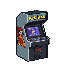 Collection of classic arcade game cabinets with flickering screens displaying abstract patterns.