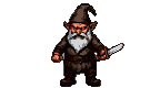 Menacing gnome with a bushy white beard and pointed cap lunges forward, scowling fiercely with a glint of malice in its eyes, executing a rapid stabbing combo with a sharp knife.