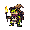 Anthropomorphic green frog adventurer wearing a floppy brown hat and red scarf, holding a lit orange-yellow torch.