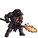 A heavily armored warrior stands ready, gripping a fiery polearm. The pixel art evokes power and fantasy with the knight's imposing stance and blazing weapon.