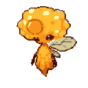 This pixel art features a cute, honeycomb-headed bee fairy with a sweet expression, hovering in a warm orange space. Its insectoid body and translucent wing add a touch of whimsical fantasy to the simple yet charming design.