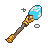 A glowing cyan crystal staff, a vial of red liquid, a silver ring with a green gem, a weathered scroll with runes, and a golden ankh amulet with wings.