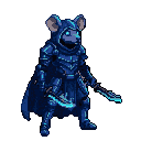 Anthropomorphic rat warrior in intricate dark blue armor with glowing blue swords, facing three-quarters right.