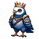 Anthropomorphic pigeon wearing a golden crown with turquoise jewels, a gold necklace, and golden pauldrons, standing against a dark navy background.