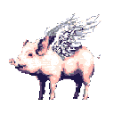 A pixelated pig sprouts wings in this whimsical artwork, defying expectations with its calm demeanor and low-resolution charm.