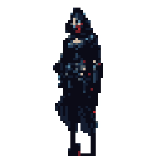 A cloaked, enigmatic figure with pale skin and red markings stands ready, shrouded in mystery and dark attire. The pixel art's somber tones and the figure's solitary stance create an ominous and intriguing presence.