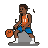 Basketball player in orange jersey number 11 and blue shorts dribbling a ball.
