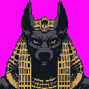 Canid-headed figure, resembling Anubis, with upright ears and muzzle, depicted in a head-and-shoulders portrait against a solid magenta background. The figure is charcoal grey with golden-yellow headdress and jewelry, and bright yellow eyes.