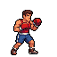 Retro boxer in red tank top and blue shorts, fists raised in fighting stance, with animation frames showing a jab and return to guard.