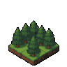Isometric pixel art showing lush green trees, grassy terrain, rocky outcrops, and exposed earth with stones.