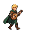 A blonde adventurer bard animated, strumming a lute while walking forward.