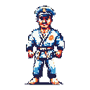 This pixel art showcases a stern police officer in a karate gi, striking a ready stance. The unique combination of uniform elements, like the police hat and bare feet, creates a humorous and retro vibe.