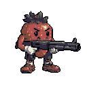 An angry, anthropomorphic strawberry, complete with leafy crown, shorts, and white gloves, stands ready with a large shotgun. This pixel art image creates a humorous contrast between the sweet fruit and a tough, armed character.