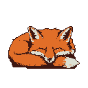 A small, sleeping fox curled into a ball, its head resting on its paws. The fox is orange and brown with white accents, set against a plain light grey background.