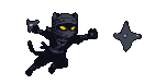 Shadowy feline ninja with piercing yellow eyes, masked face, mid-throw, hurling a shuriken with wisps of smoke trailing.