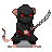 Menacing rat ninja in black cloak with glowing red eyes, mid-attack with katana.