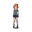 Anime-style female character with short light brown hair, grey tunic, and pale skin, standing centrally against a peachy-pink background.