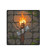A brightly burning torch secured with silver duct tape to a rustic dungeon wall with cracked stone and moss.