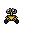Small, pixelated character with large eyes and a star emblem on its chest, shown in playful, bouncy animation.