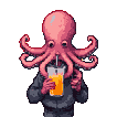 Pixel Art: character with octopus head is drinking orange juice