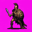 Heavily armored warrior in a battle stance, holding a sword and round shield against a fuchsia background.